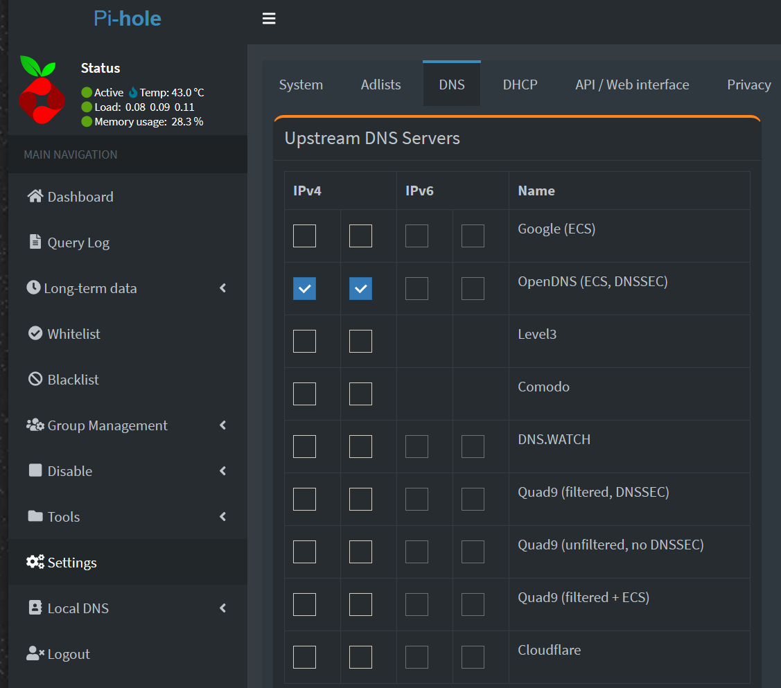 settings pihole