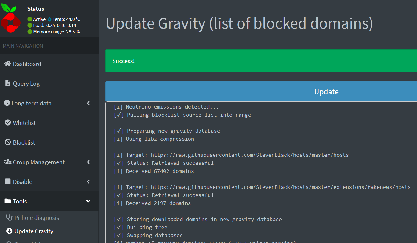 Mise à jour de la liste des domaines bloqués avec Gravity