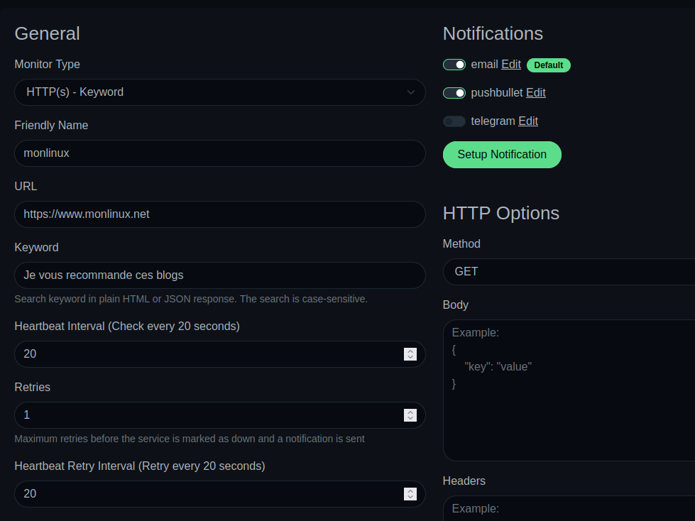 creation un service à monitorer uptime kuma