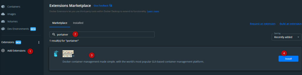Ajout de l'extension portainer sur Docker Desktop